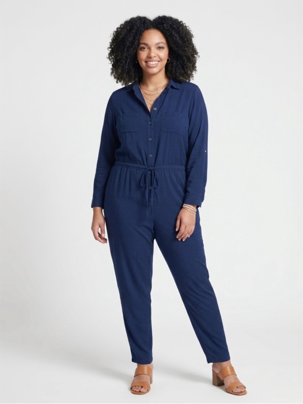 Flynn Skye Navy Button-Front Drawstring Jumpsuit